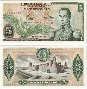 Q0762 Banknote South America Colombia 5 Pesos Oro Cordoba 1980 UNC ->Offer