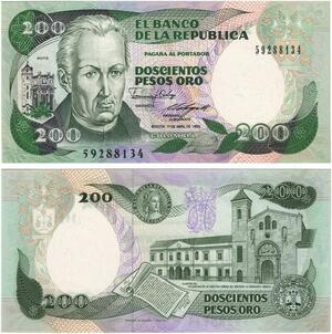 Q0764 Banknote South America Colombia 200 Pesos Oro Celestino Mutis 1989
