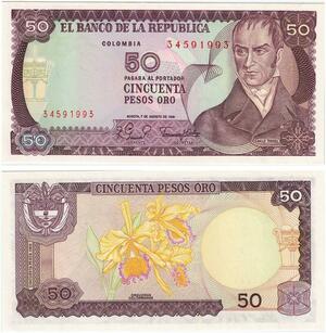 Q0767 Banknote South America Colombia 50 Pesos Oro Camilo Torres 1981 UNC
