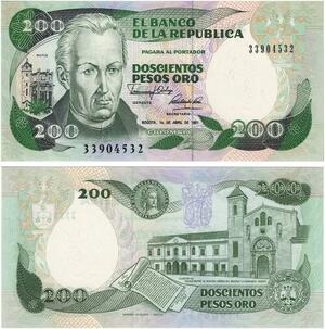 Q0768 Banknote South America Colombia 200 Pesos Oro Mutis 1991 UNC ->Offer