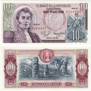 Q0772 Banknote Colombia 10 Pesos Oro General Antonio Nariño 1980 UNC ->Offer
