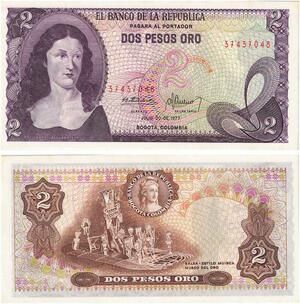 Q0774 Banknote Colombia 2 Pesos Oro Policarpa Salavarrieta 1977 UNC ->Offer