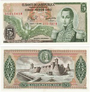 Q0775 Banknote Colombia 5 Pesos Oro Cordoba 1981 UNC -> Make offer