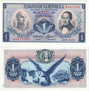 Q0776 Banknote Colombia 1 Peso Oro Simón Bolívar 1974 UNC ->Make Offer