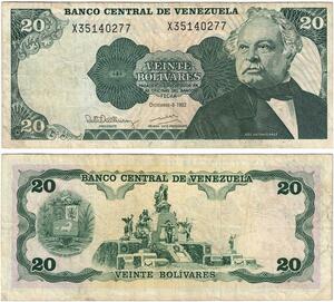 Q0778 Banknote Venezuela 20 Bolivares José Antonio Paez 1992 AU -> M offer