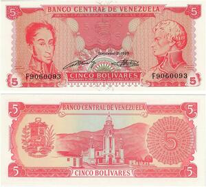 Q0783 Banknote Venezuela 5 Bolivares  Libertador & Mariscal Sjre 1989 >Offer