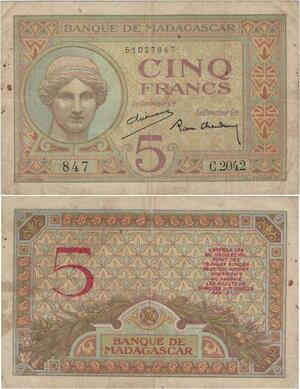Q1007 Banknote Madagascar 5 Francs déesse Junon 1937 Chaudun Dejouany