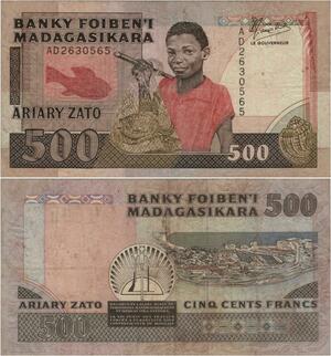 Q1011 Banknote Madagascar 500 Francs 100 Ariary 1988 -> Make Offer