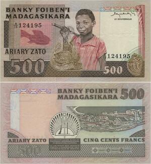 Q1014 Banknote Madagascar 500 Francs 100 Ariary 1983 UNC -> Make Offer