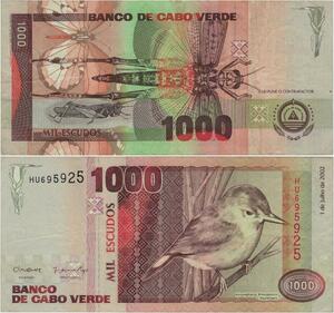 Q1077 Banknote Cape Verde 1000 Escudos Bird 2002 UNC -> Make Offer