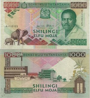 Q1120 Banknote Tanzania 1000 Shilingi President Mwiny 1993 AU -> Make Offer