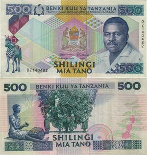 Q1124 Banknote Tanzania 500 Shilingi President Mwiny 1989 UNC -> Make Offer