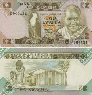 Q1132 Banknote Zambia 2 Kwacha President Kenneth Kaunda 1980 UNC -> Offer