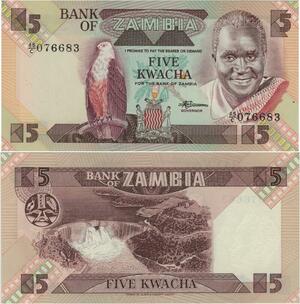 Q1133 Banknote Zambia 5 Kwacha President Kenneth Kaunda 1980 UNC -> Offer