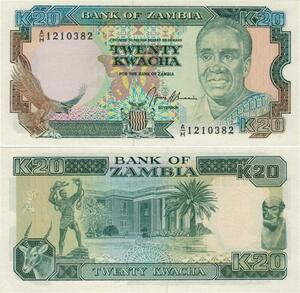 Q1134 Banknote Zambia 20 Kwacha President Kenneth Kaunda 1989 UNC -> Offer