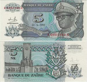 Q1146 Banknote Zaire Congo 5 Nouveaux Makuta Mobutu Seko 1993 UNC -> Offer