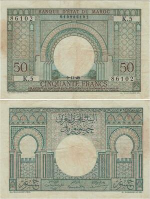 Q1295 Banknote Morocco 50 Francs 1949 -> Make offer