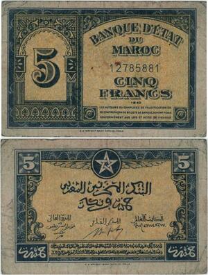 Q1297 Banknote Morocco 5 Francs 1943 -> Make offer