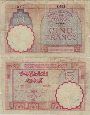 Q1299 Banknote Morocco 5 Francs 1941 -> Make offer
