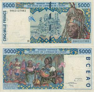 Q1315 Banknote West Africa 5000 Francs CFA 1998 UNC -> Make offer