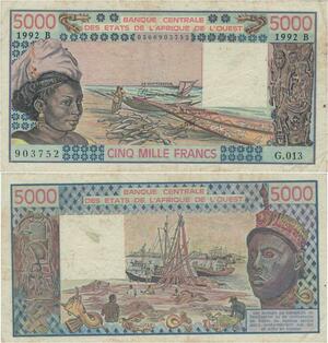 Q1316 Banknote West Africa 5000 Francs CFA 1992 -> Make offer