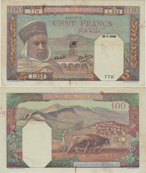 Q1333 Rare Banknote Algeria 100 Francs 1940 -> Make offer