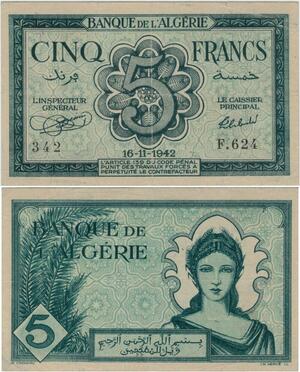 Q1338 Banknote Algeria 5 Francs 1942 AU -> Make offer
