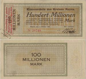 Q1396 Banknote Germany Coblenz Mayen 100 Millionen Marks 1923 AU -> M offer