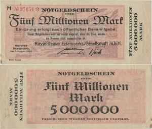Q1399 Banknote Germany Notgeldschein Rasselstein 5 Millionen Marks 1923