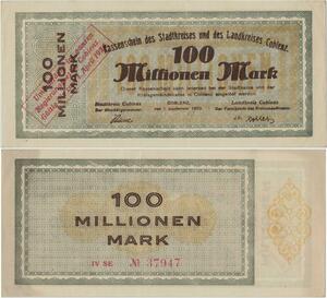 Q1402 Banknote Germany Coblenz 100 Millionen Marks 1923 AU -> Make offer