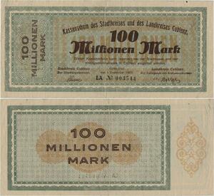 Q1403 Banknote Germany Coblenz 100 Millionen Marks 1923 AU -> Make offer