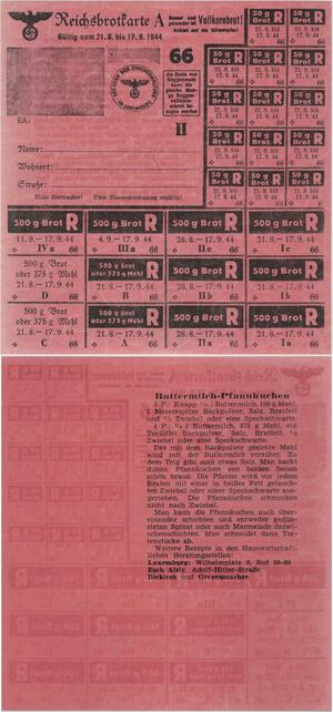 Q1441 Rare Luxembourg Reichsbrotkarte A Ration Ticket Brot WWII 1944 UNC