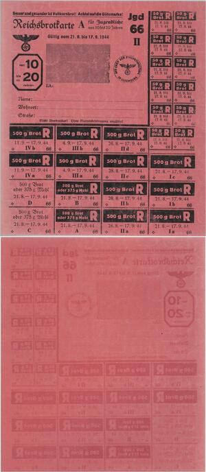 Q1442 Rare Luxembourg Reichsbrotkarte A Ration Ticket Brot WWII 1944 UNC
