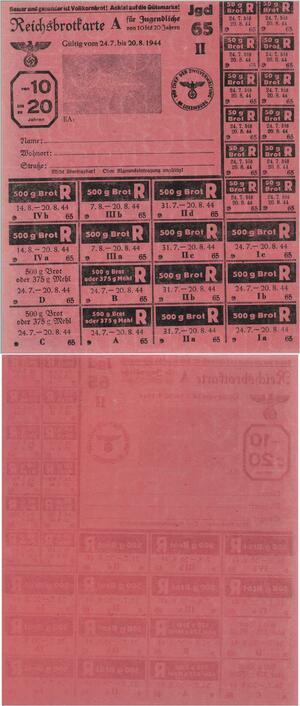 Q1443 Rare Luxembourg Reichsbrotkarte A Ration Ticket Brot WWII 1944 UNC