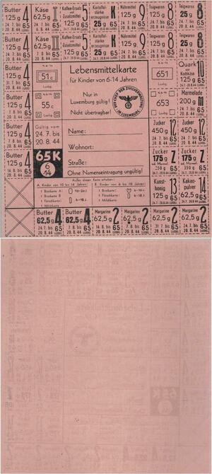 Q1446 Rare Luxembourg Ration Ticket Zucker Butter Quark Kakao Käse  1944