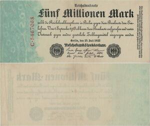 Q1460 Banknote Germany Weimar 5 Millionen Reichmarks 1923 AU