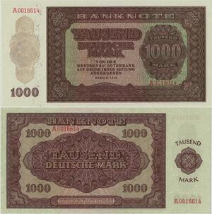 Q1465 Rare Banknote Deutschland Democratic Republic 1000 Marks 1948 UNC
