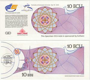 Q1821 Banknote Spain Specimen 10 Ecu 199 Seville Expo Test Note UNC
