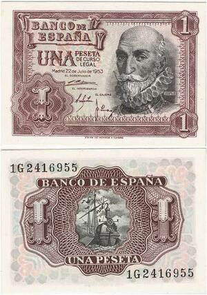 Q1823 Banknote Spain 1 Peseta Álvaro de Bazán 1953 UNC -> Make offer
