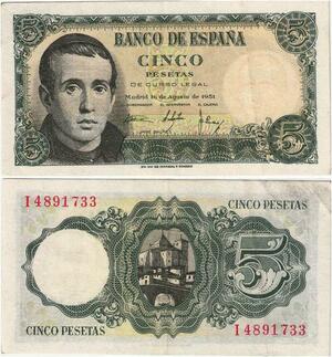 Q1824 Banknote Spain 5 Pesetas Jaime Balmes y Urpiá 1951 -> Make offer