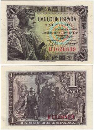 Q1827 Banknote Spain 1 Peseta Ferdinand the Catholic 1943 UNC -> Make offer