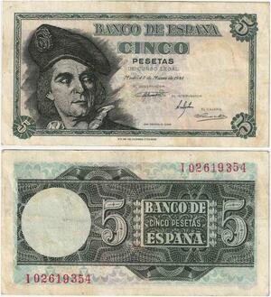 Q1828 Banknote Spain 5 Pesetas Juan Sebastián El Cano 1948 -> Make offer