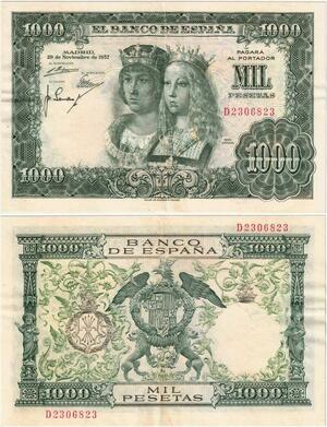 Q1830 Banknote Spain 1000 Pesetas The Catholic Monarchs 1957 AU -> M offer