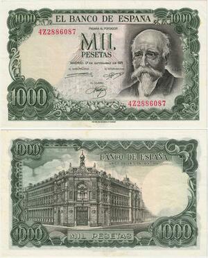 Q1833 Banknote Spain 1000 Pesetas José Echegaray 1971 AU -> Make offer
