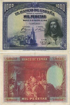 Q1834 Banknote Spain 1000 Pesetas Ferdinand III of Castile 1928 AU