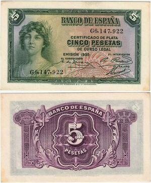 Q1847 Banknote Spain 5 Pesetas 1935 AU+ -> Make offer