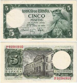 Q1848 Banknote Spain 5 Pesetas Alfonso X the Wise 1954 AU -> Make offer