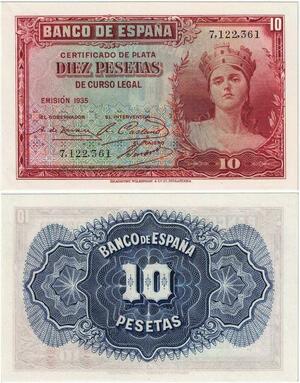 Q1849 Banknote Spain 10 Pesetas 1935 AUNC -> Make offer