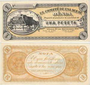 Q1851 Banknote Spain 1 Peseta Denia 1936 UNC -> Make offer