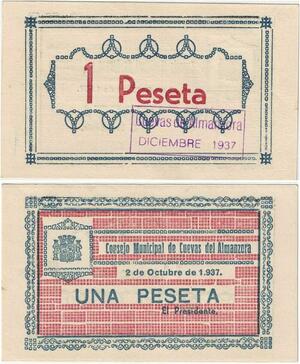 Q1852 Banknote Spain 1 Peseta Cuevas Del Almanzora Almería 1937 UNC